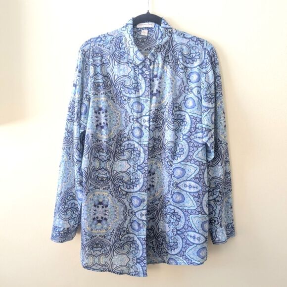 Coldwater Creek Tops - Coldwater Creek No Iron Button Top Multicolor Blue Paisley Collared Size XL